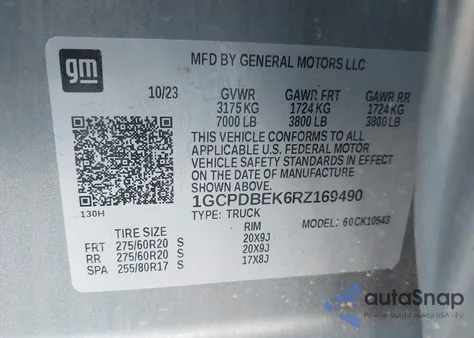 2024 Chevrolet Silverado 1500 4Wd Short Bed Custom из США, поврежденный, VIN 1GCPDBEK6RZ169490